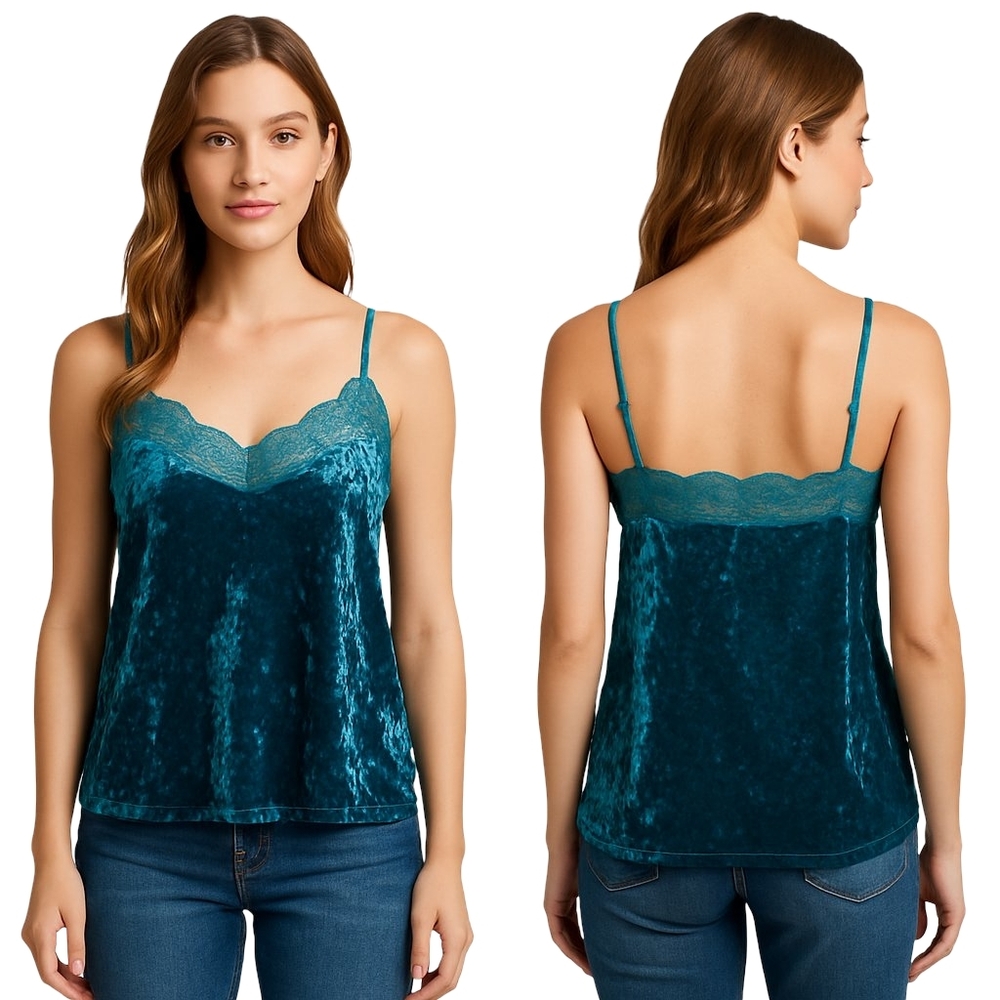 ROCK AND ROLL DENIM Juniors Cami Large Turquoise Velvet Lace Y2K Fairycore